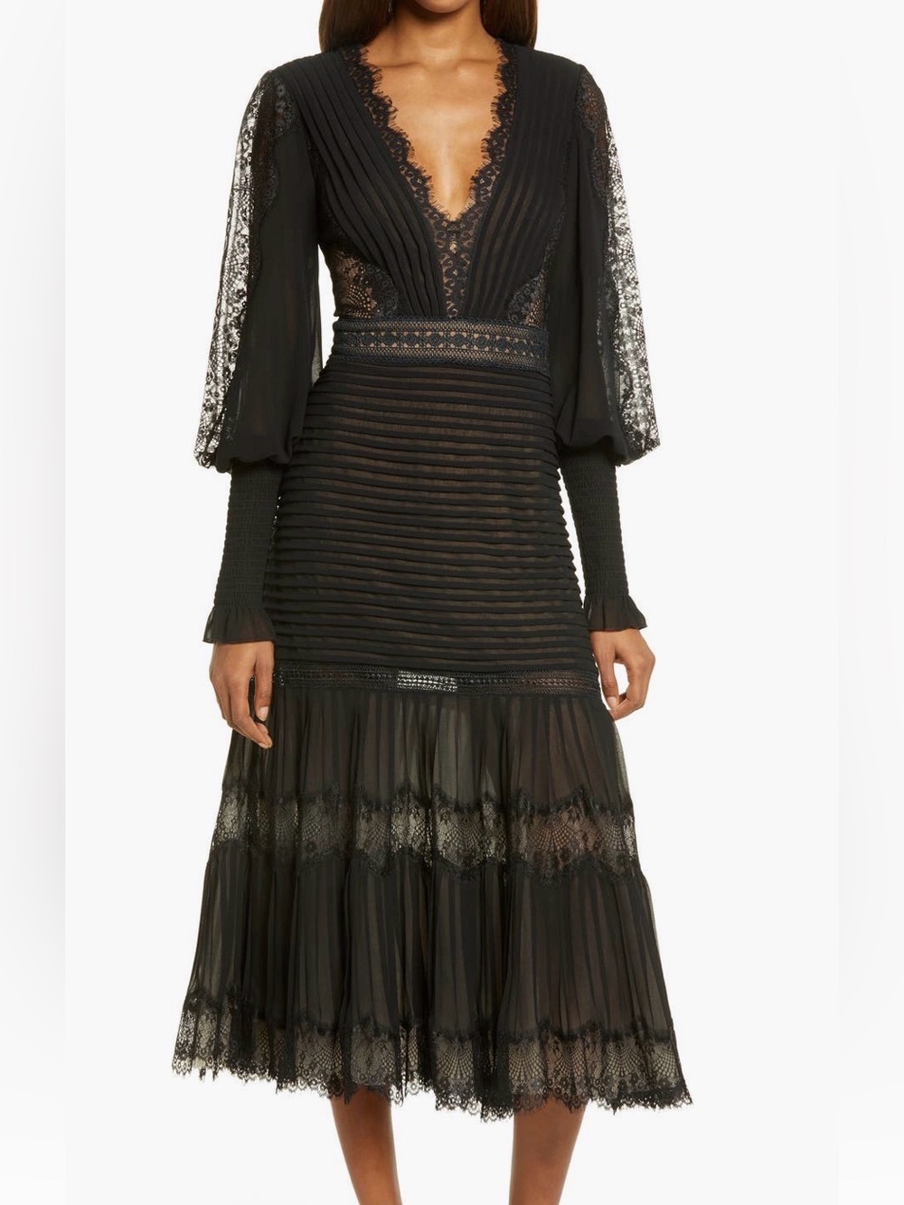 Tadashi Shoji Lace Pintuck Long Sleeve Cocktail Dress